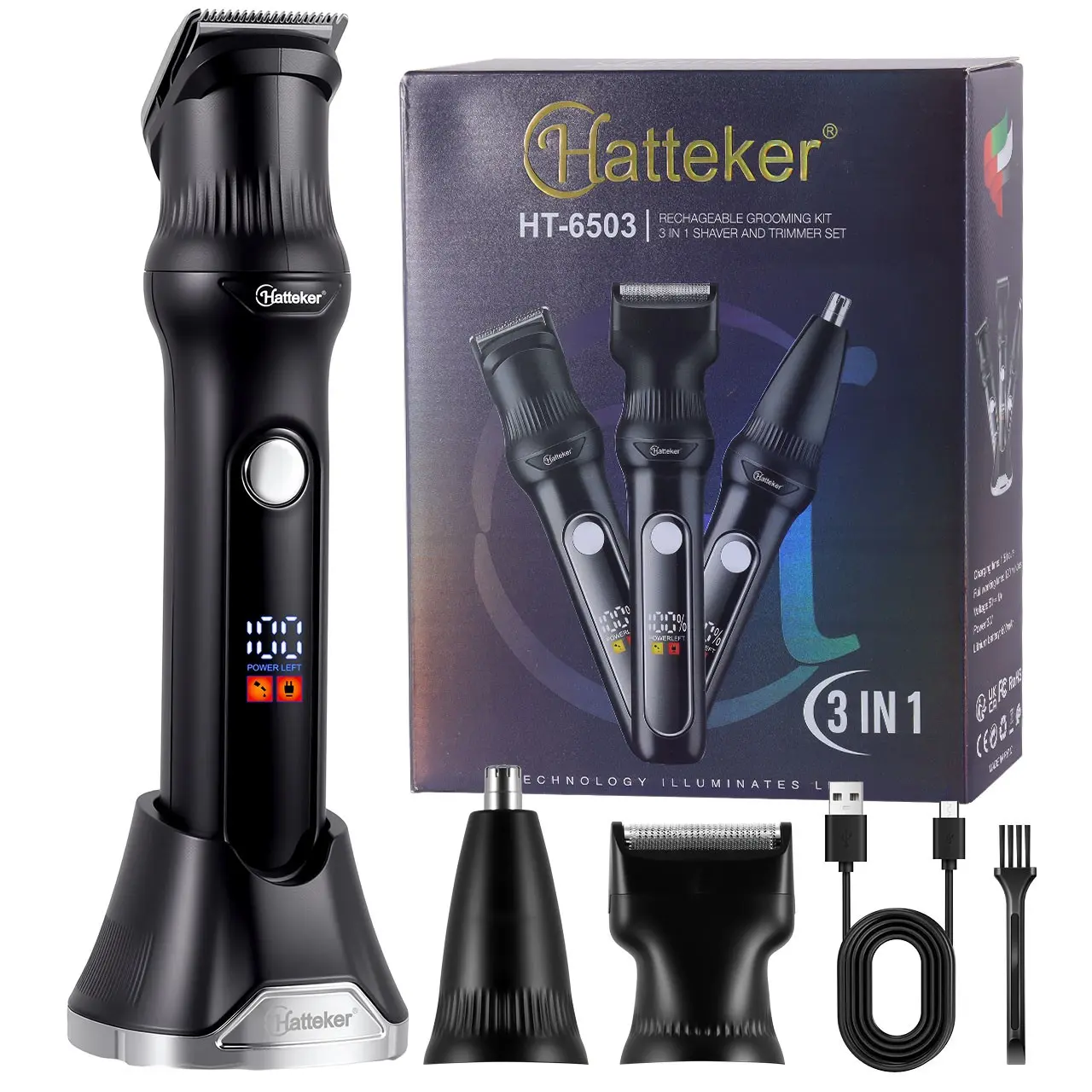 Hatteker 3-In-1 Professional Grooming Kit, Beard Trimmer Set, Nose Hair Trimmer, Sideburn Trimmer, Mustache Trimmer, Shaver, USB Rechargeable, Ideal Gift for Boyfriend