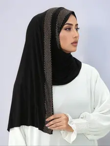 Women's Soft Plain Color Headscarf, Modest Hijab, Diamond Embellished Design, Breathable Fabric, Comfortable Jersey Material, Suitable for Various Occasions