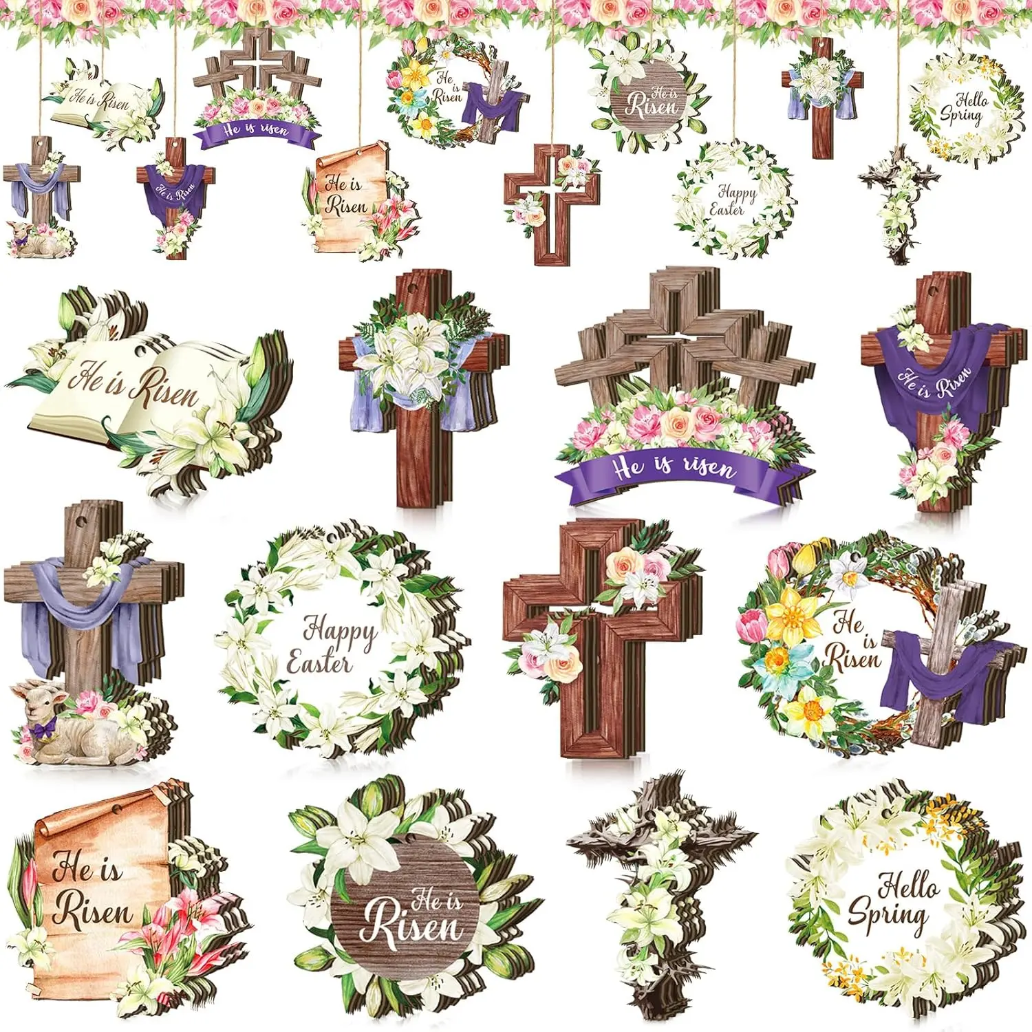 36 Pcs Easter Wooden Ornaments Religious He is Risen Spring Hanging Decoration Holiday Christian Lly Cross Wood Cutouts Decor for Small Tree Home Party