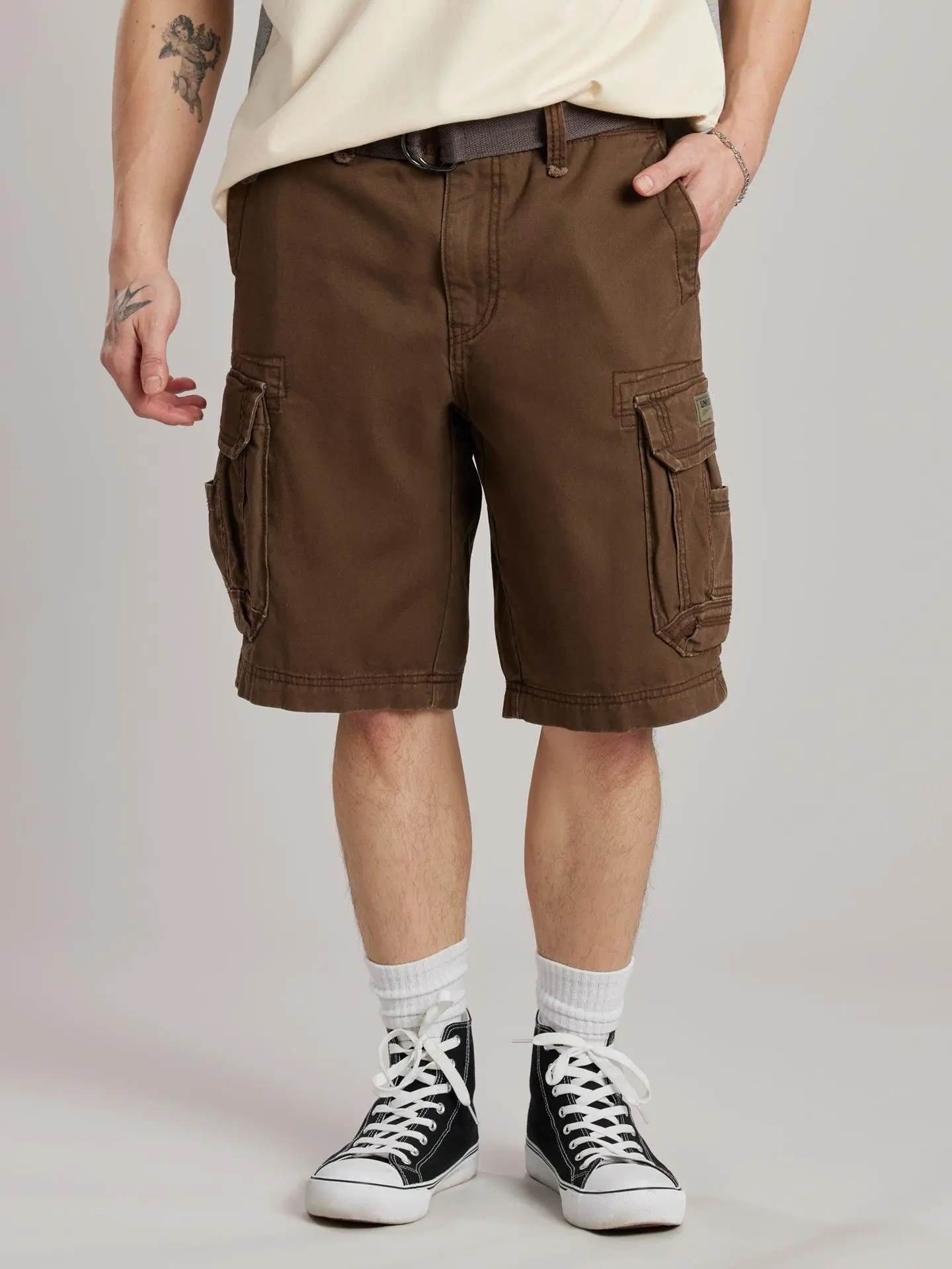 UNIONBAY Men's Survivor Cargo Shorts - Classic Fit Vintage Heavyweight Cotton, Multi-Pockets, Included Belt, Casual, Grey/Navy, Button Fly, 15 1/2" Back Rise, Machine Washable, Big & Tall Sizes Available