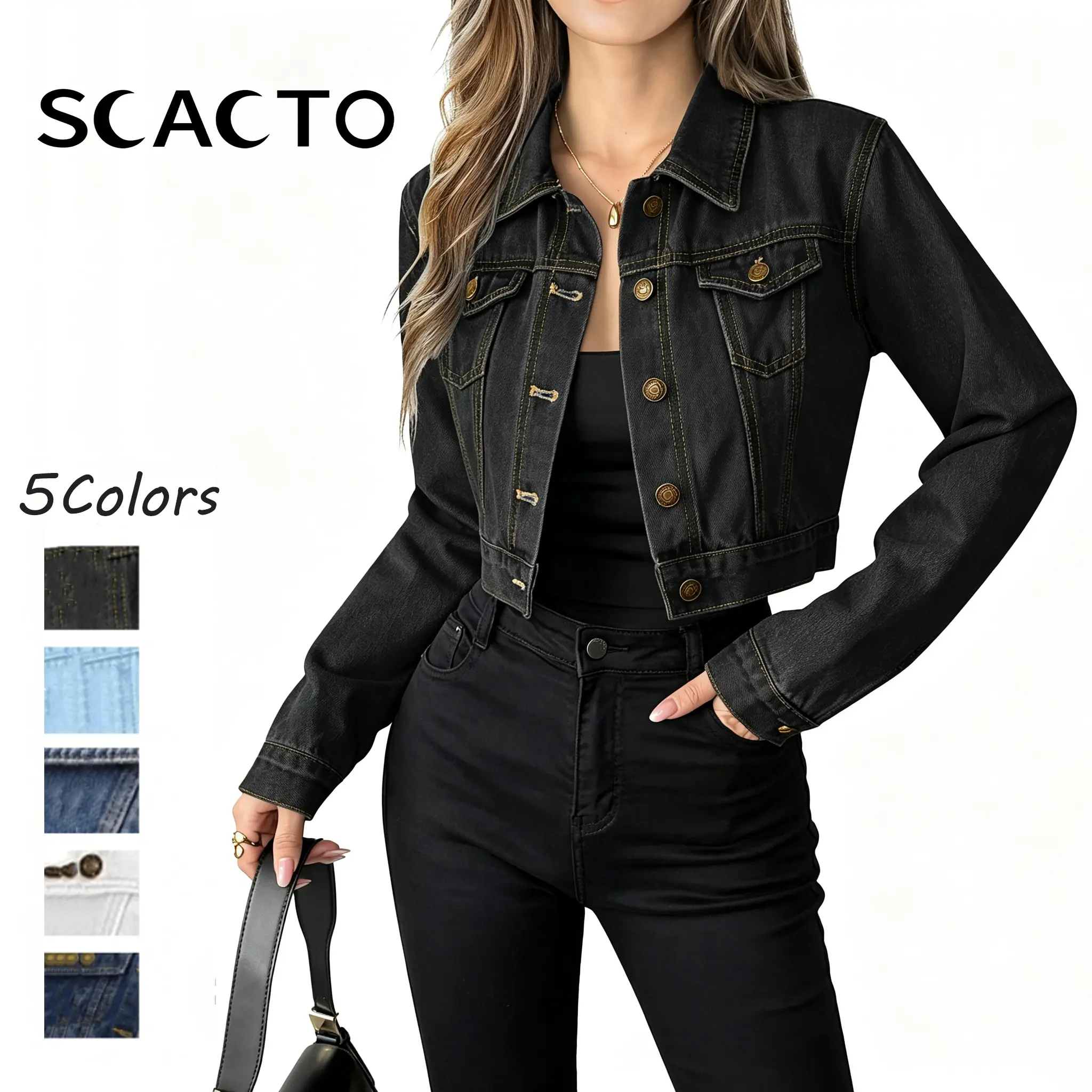 SCACTO  Women's Cropped Distressed Denim Jacket, Vintage Washed Button Down Jean Jacket with Pockets, Long Sleeve Collared Streetwear Outerwear, Y2K Casual Summer/Fall Layering Jacket Streetwear / Summer Layering / Feminine Casual
