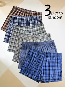 3pcs Random Men's Plaid Checked Pattern Lounge Shorts Ultra-Soft Breathable Fabric Casual Home Men Underwear Fashionable and Simple Men's Boxer