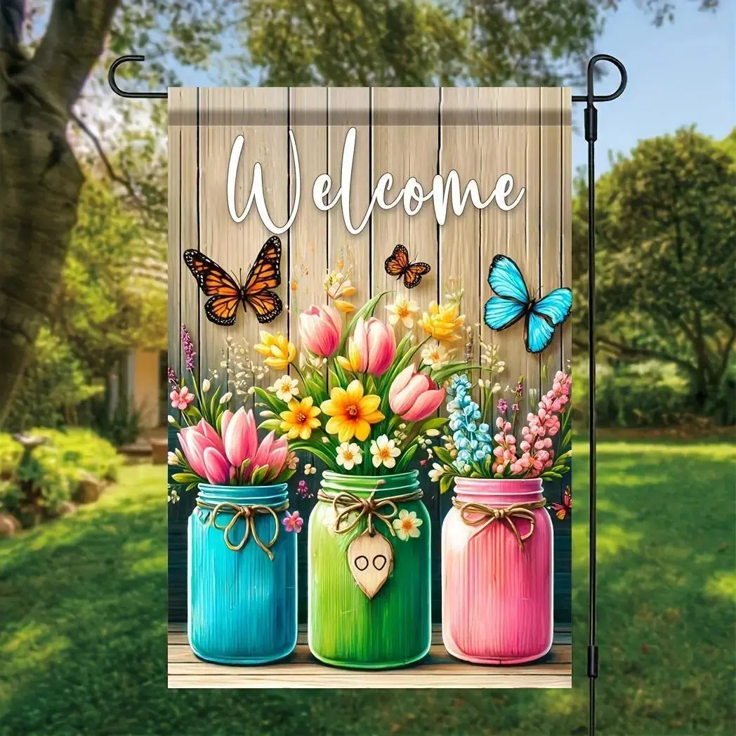 Spring Welcome Garden Flag, Mason Jar Flowers & Butterflies Yard Decor, 12x18 Inch Double Sided Flag Lawn Flags