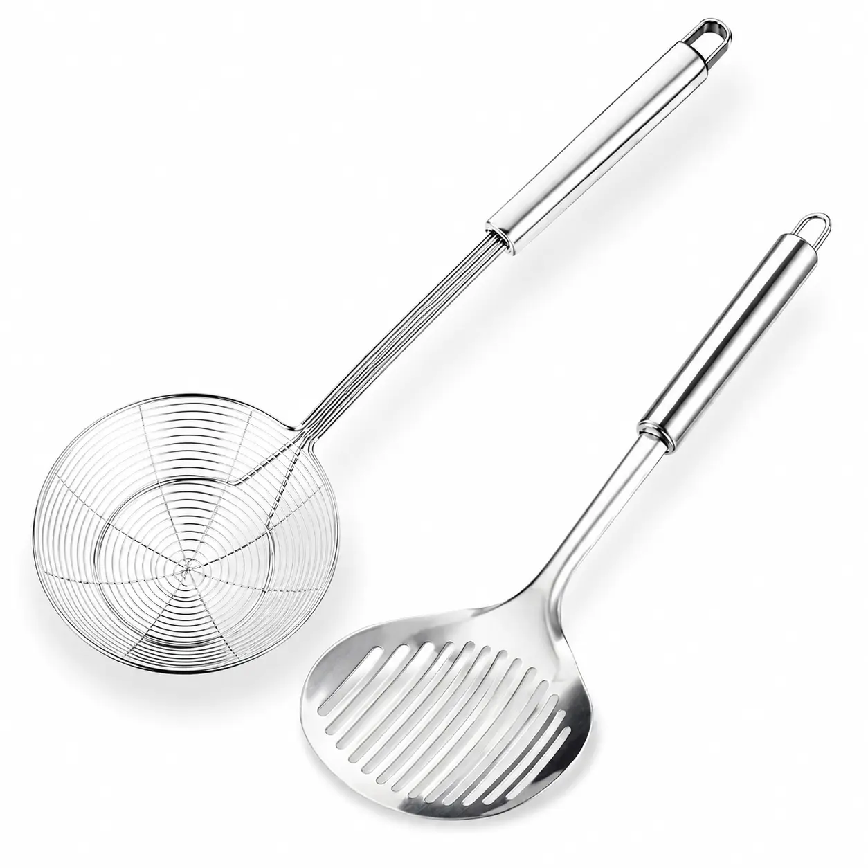 2-Piece Stainless Steel Kitchen Utensils Set - Nonstick Oil Scoop, Slotted Fish Turner, Spatula, Colander Spoon, Ladle, Spider Strainer for Cooking & Frying with Hanging Design