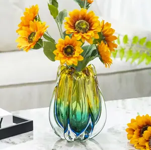 Gold Green Blue Glass Vase - Elegant Floral Design with Durable Glass - 6.4 X 11.4 in - Ideal for Home Decor & Gifting Ornaments - Handcrafted Details - Contemporary Artistic Element