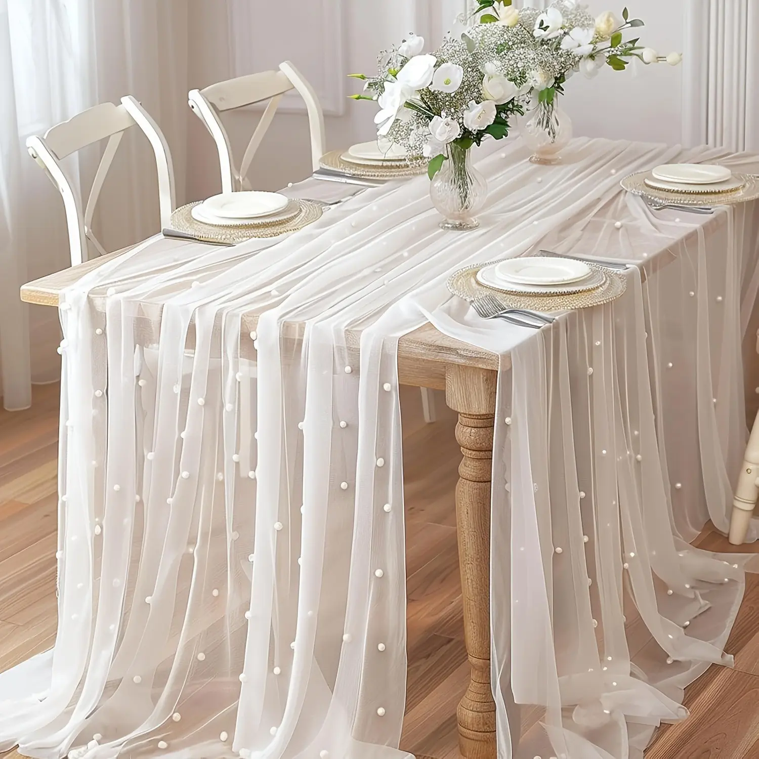Pearl Sheer Tablecloth, Satin Chiffon and Pearl Lace Transparent Custom Table Runner, Wedding Arch, Party Decoration, Bridal Shower, Dessert Table