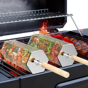Nesting Grill Baskets (2PCS, Hexagon), Removable Wooden Handle, 304 Stainless Steel, Rolling Grilling Net, BBQ Accessories Tools for Vegetables Shrimp, Outdoor Cooking Camping, Gifts for Men Dad Husband Ivtivfu