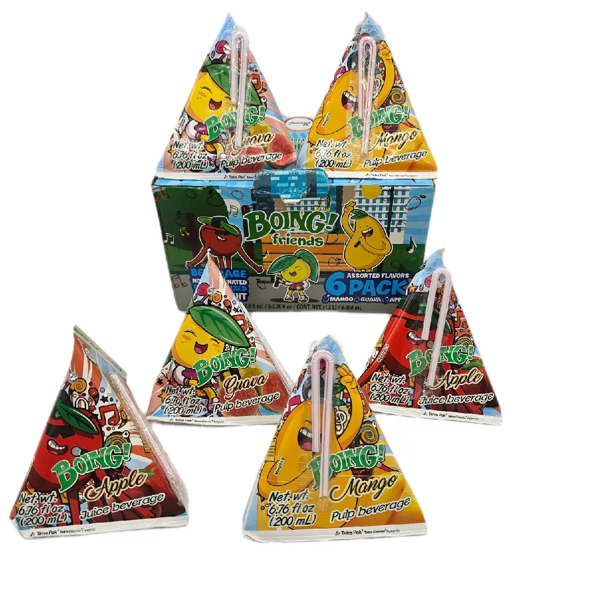 BOING! FRIENDS- Beverage Non Carbonated Pasteurized With Fruit, Assorted Flavors / 6 pack 2 mango 2 guava 2 apple /