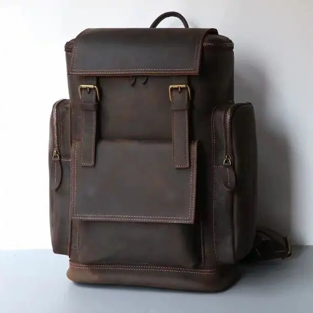 Men Handmade Crazy Horse Full Grain Leather Backpack Vintage Multi Pocket Laptop Rucksack Large Capacity Travel Business School Daypack Fit 15.6 Inch Notebook