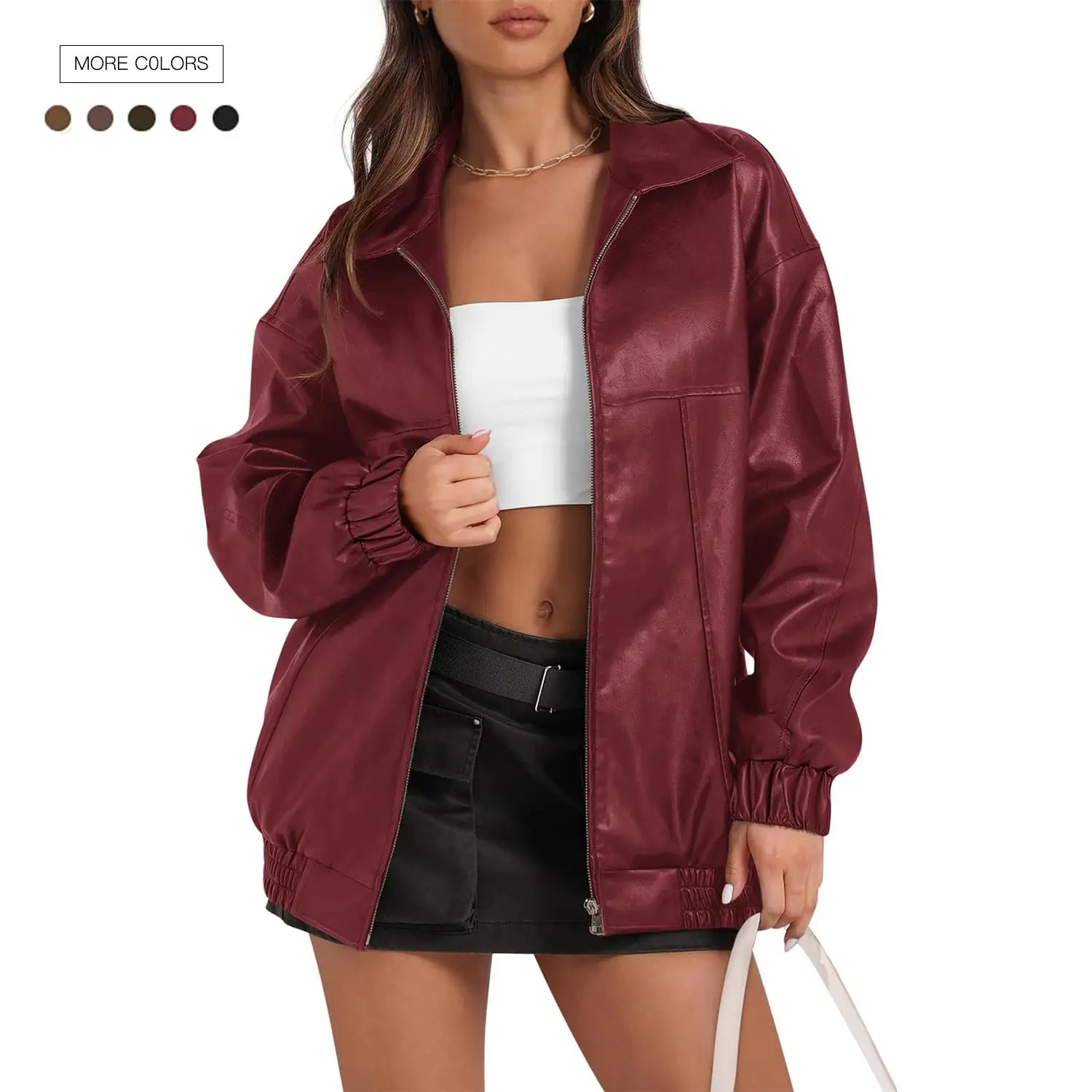 Women's Faux Leather Moto Jacket - Casual Collared Zip-Up Biker Style Coat for Lady, Lightweight Fall Outerwear Tops,back to school,back to school shopping, Basic