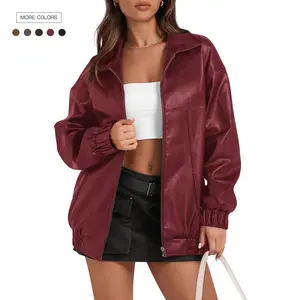 Danedvi Women's Collared Faux Leather Oversized Long-Sleeve Bomber Jacket - Casual Zip-Up Motorcycle Coat, Solid Style Layerable Outerwear for Fall Winter, Women's Clothes for Pairing with Jeans, S-XXL