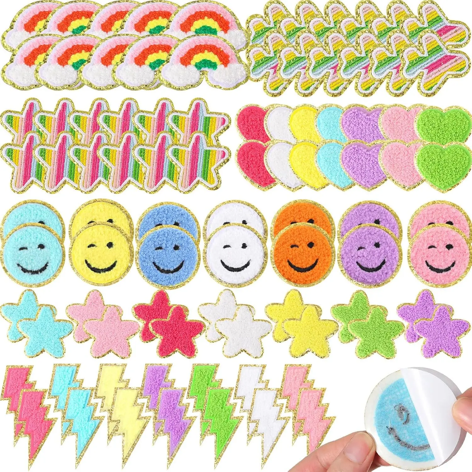 98 Pcs Self Adhesive Chenille Patches Cute Chenille Embroidered Patches Colorful Heart Lightning Rainbow Applique for Clothing Fabric Jackets DIY Mobile Phone Backpacks Hat