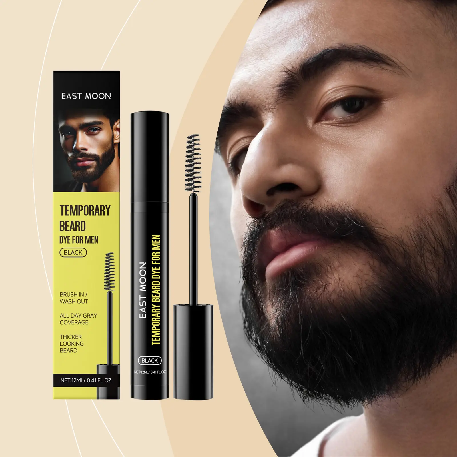 Men’s Jet Black Beard & Eyebrow Dye Cream - 12ml Moisturizing Nourishing Makeup Beard Tint, Unscented Natural Xanthan Gum Hair Coloring for Male Grooming