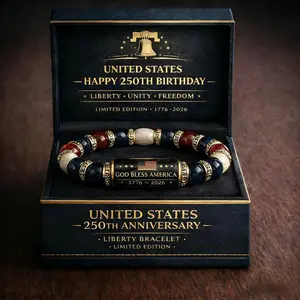 USA 250th Anniversary Bracelet for Men Women Patriotic Chalcedony Tube Beads Diamond Set Rings Commemorative Independence Day Gift Veterans Memorial Day Jewelry