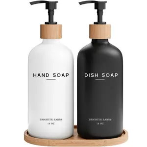 Luxury Glass Hand and Dish Soap Dispenser Set by Brighter Barns - Kitchen Soap Dispenser Set with Tray - Bamboo Soap Dispenser for Kitchen Sink - Boho Kitchen Decor, Modern Decor (Black/White)