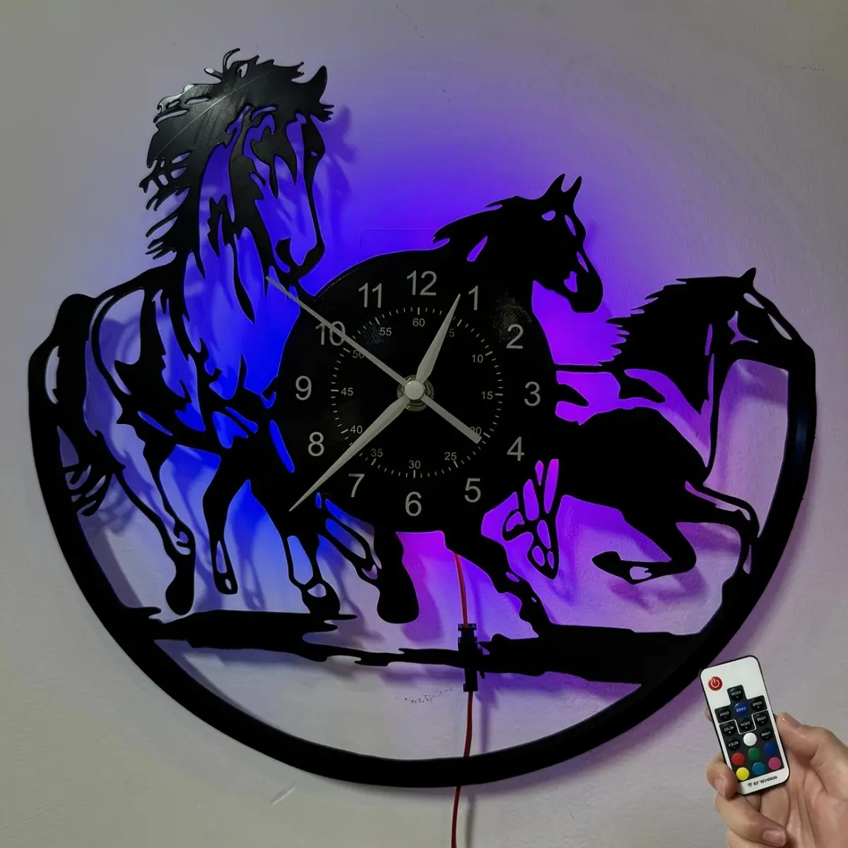 Colorful vinyl wall clock, Decorative clock, with the design of galloping horses, suitable for home, office decoration, as a holiday gift, birthday gift, tabletop decoration and art collection, Lighted wall clock, Led wall clock
