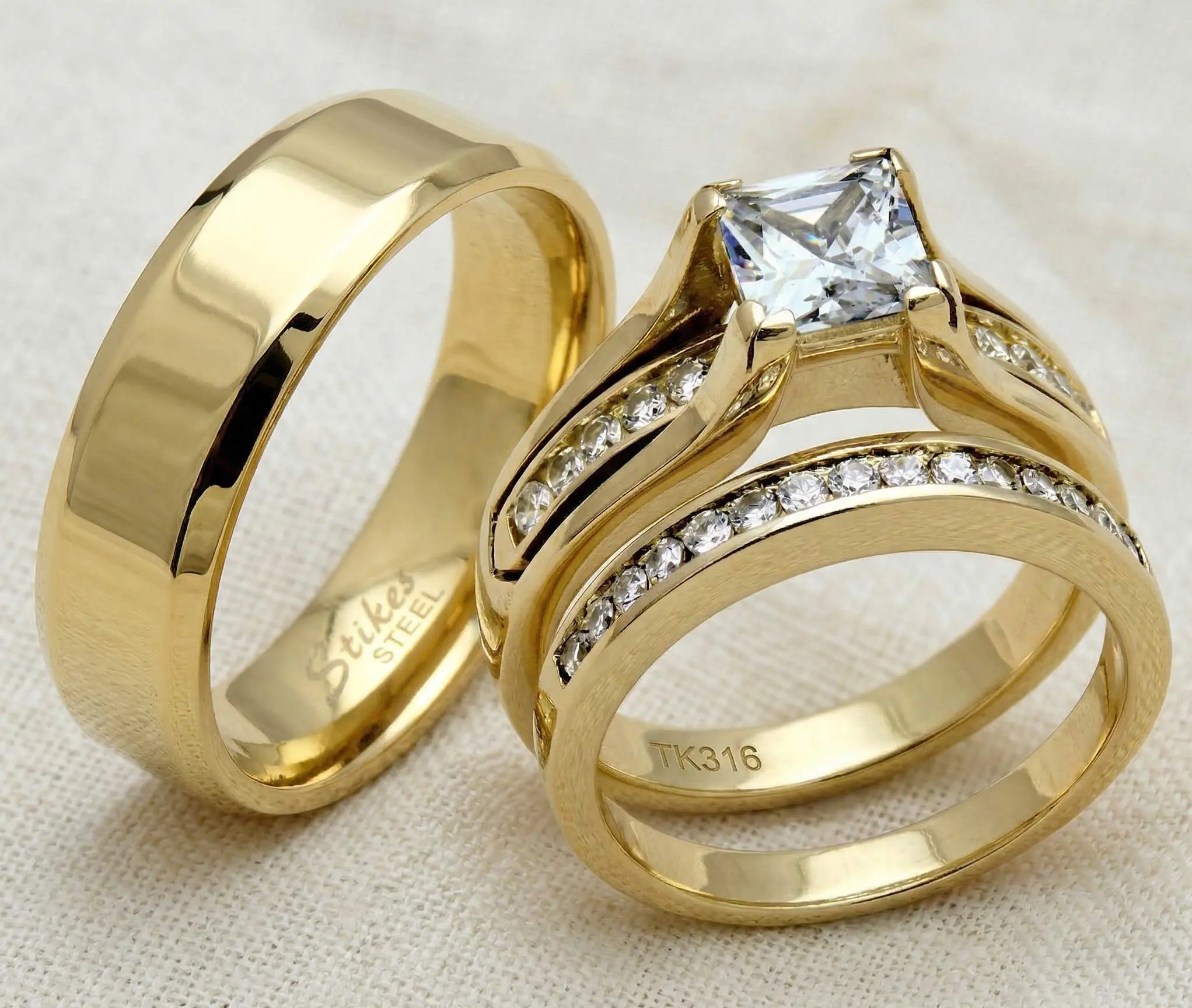 Lanyjewelry Hypoallergenic His & Hers 14 Karat Gold-Plated Princess Round CZ Engagement Wedding Set - Men’s Flat Stainless Steel Gold Band, Artificial Gemstone Ring, Stainless Steel Rings, Non Tarnish Jewelry Love Gift, Wedding Ring