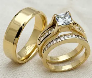 Womens 14K Gold Plated Princess CZ Engagement Ring Mens Flat Wedding Band