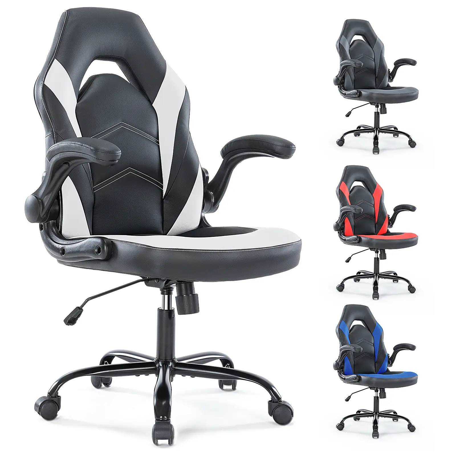 FurniChic Haven Ergonomic Office Computer Gaming Chair with Lumbar Support Flip-up Arms Adjustable Height PU Leather Swivel with Wheels