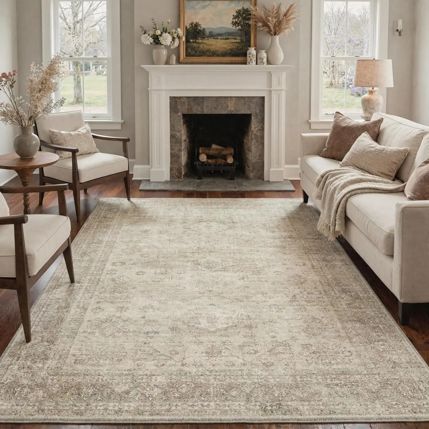 Area Rugs for Living Room, Vintage Faded Non Slip Machine Washable Rugs, Soft Lightweight Floral Area Rugs for Bedroom Dining Room Office Home Decor Indoor, Ivory