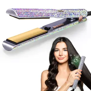 1 set 500°F 1 Inch Bling Rhinestone hair Straightener + Travel Pouch, Crystal Diamond hair flat iron, 110-240v 70w Power Consumption, No Ca Prop 65, Portable Hair Straightener