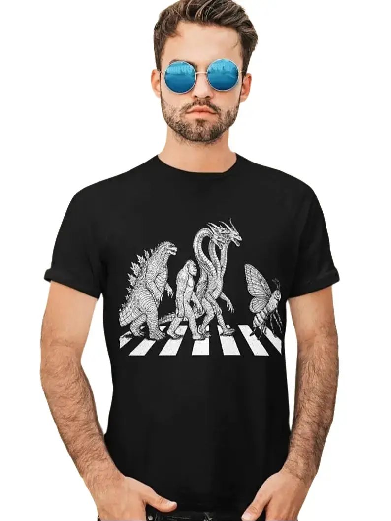 vintage godzilla parody Abbey Road T-Shirt, Funny Kaiju tshirt king kong mothra, ghidorah, Cool Retro Monster Shirt for Men gift graphic tee Gift for Birthday Holiday Christmas Halloween Unisex