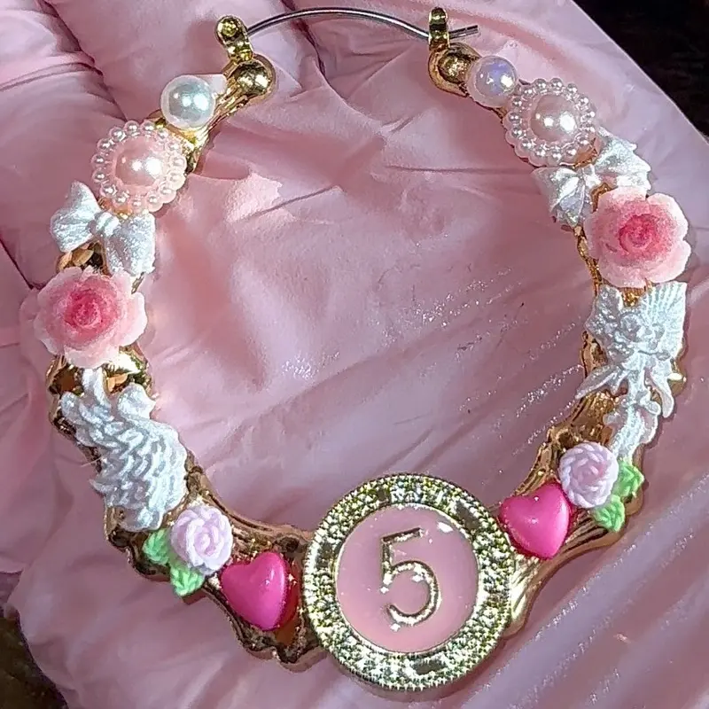 Junk Bamboo Earring - Pink Design with Floral Accents, Number 5, and Gold Accents, Ideal for Everyday Wear