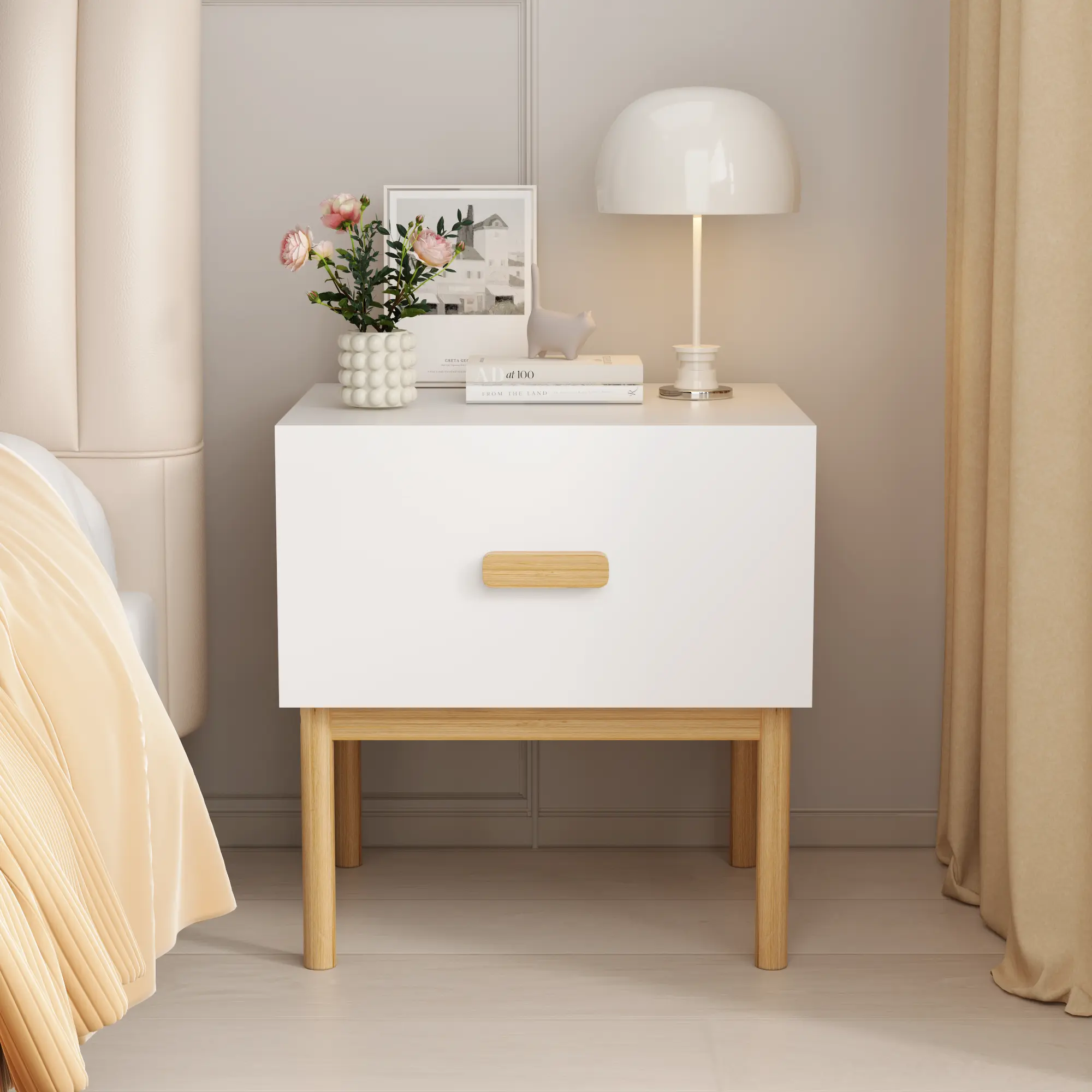 Minimalist Bedside Table with Drawer and Wood Legs, White Nightstand for Bedroom, Living Room, Apartment, Engineered Wood, 15.75x18.50x19.69 Inches