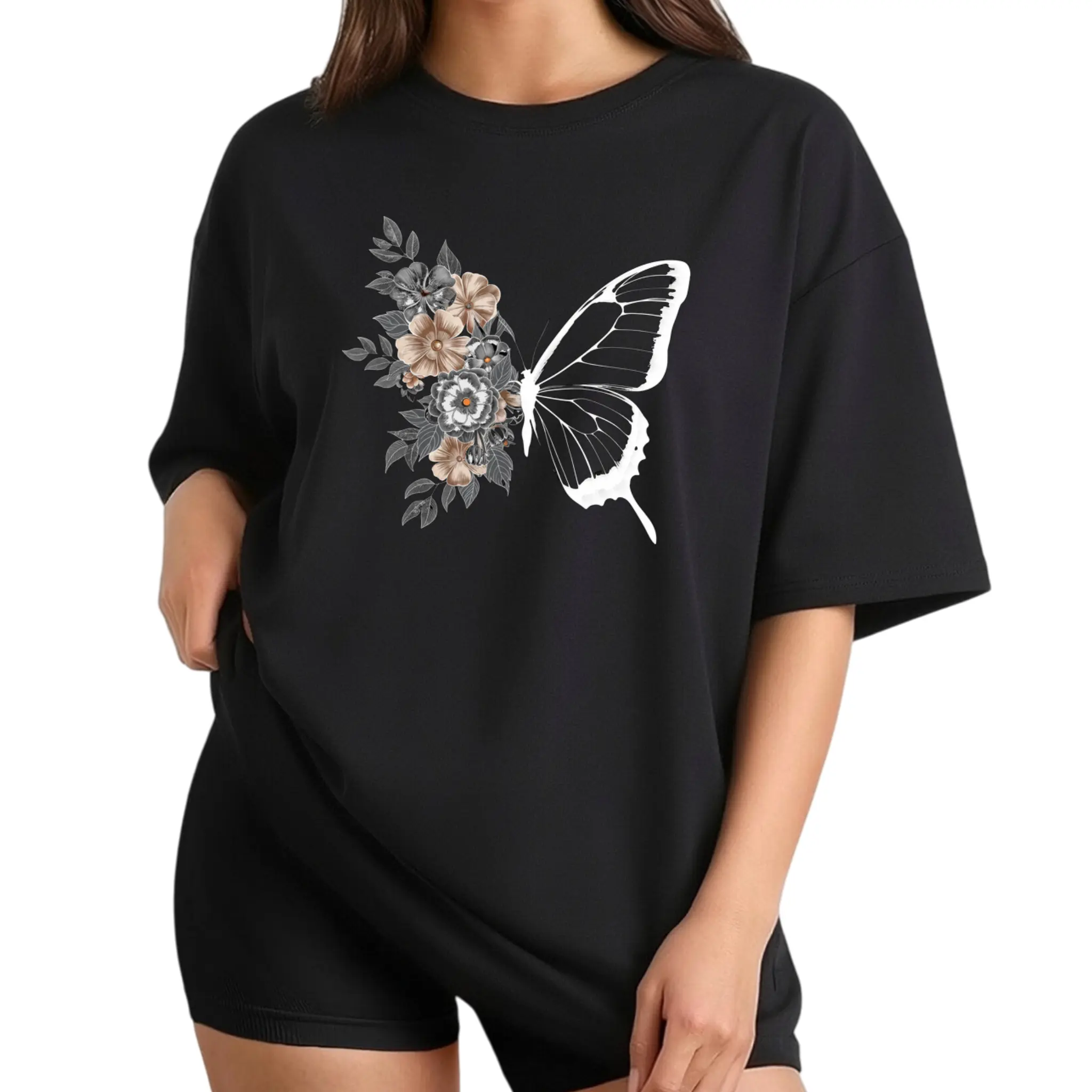 Women'S Comfortable T-Shirt |   Monochrome Butterfly and Floral Wings Design, Casual Round Neck, Short Sleeve, Machine Washable, Black, Soft, Skin-Friendly, Unisex Clothing
