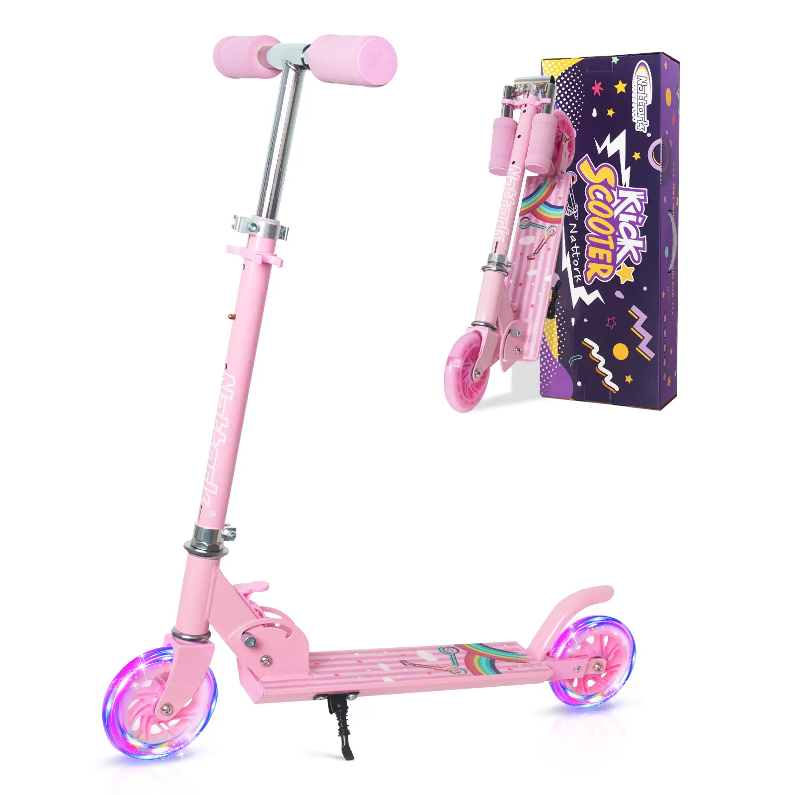 Nattork Kids' 3-Wheel Pink Rainbow Portable Folding Scooter - Cool Light-Up Wheels, Adjustable Height, Lightweight & Sturdy for Outdoor Play