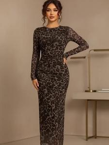 women's leopard print ruched bodycon dress, elegant long sleeve round neck dress for party holiday wedding guest, ladies spring & fall clothes