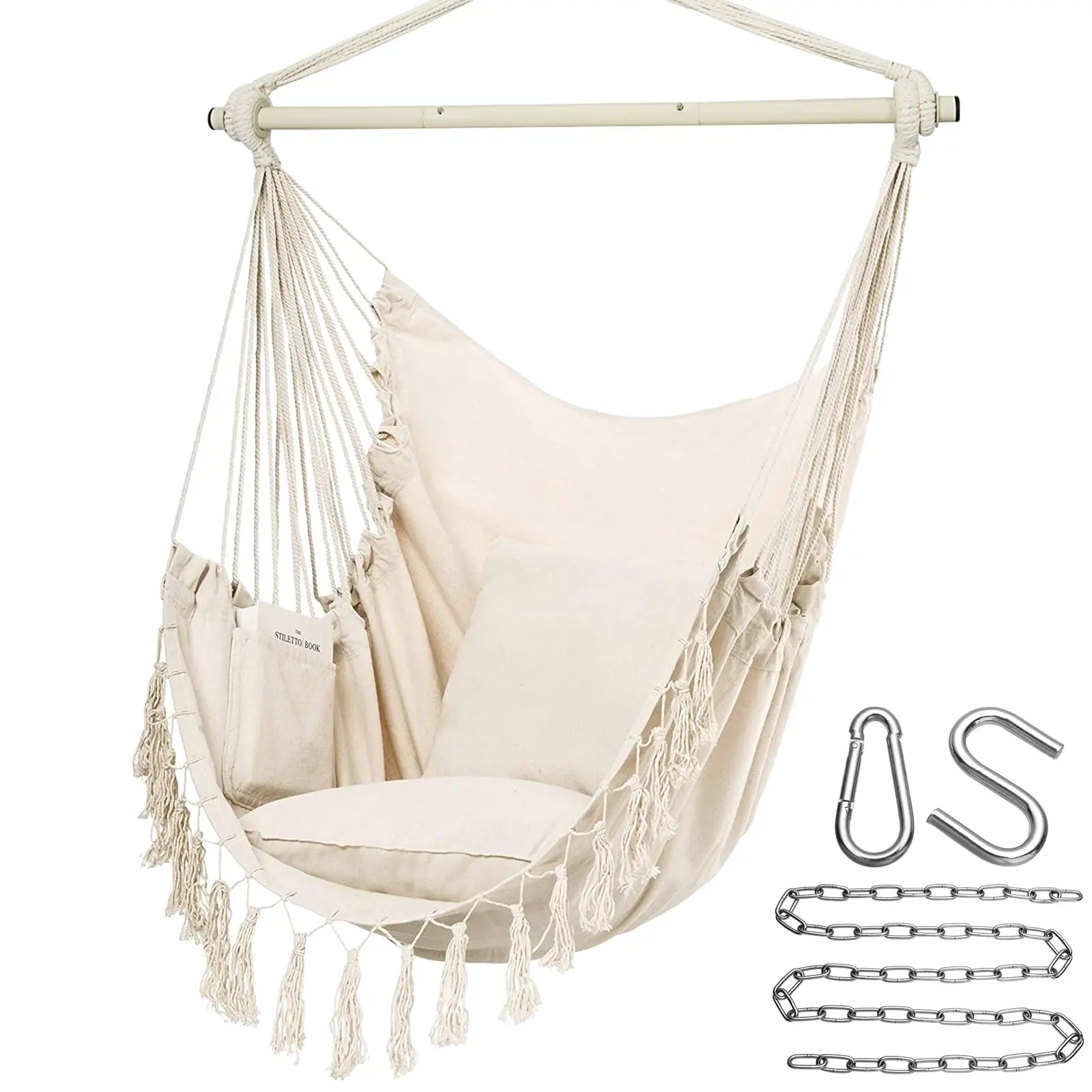 Hammock Swing Chair for Indoor & Outdoor, Large Swing Chair With 2 Cushions and Side Pocket, Iron Telescopic Rod, Comfortable Indoor Outdoor Hanging Seat for Adults & Kids, Backyard, Porch, Deck & Indoor Bedroom Use,
