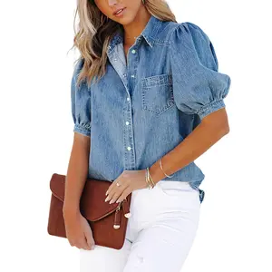 CHARTOU women's casual washed bubble sleeve denim button up shirt cute retro denim short sleeved top