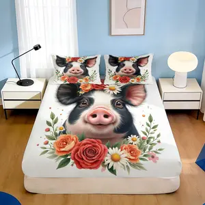 3pcs Fitted Sheet Cute Animal Style, Floral Pig Theme Bedding, Black White Pink Color, Cartoon Pig with Roses Daisies Print, Home Bedroom Decor(1 Fitted sheet+2 pillowcases, Without Core)