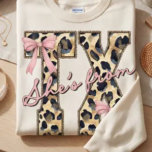 She's From Texas Sweatshirt T-Shirt, Coquette Leopard Bow Graphic, Texas Girl Outfit, Gift for Southern Women and Moms, Unisex Cotton Top