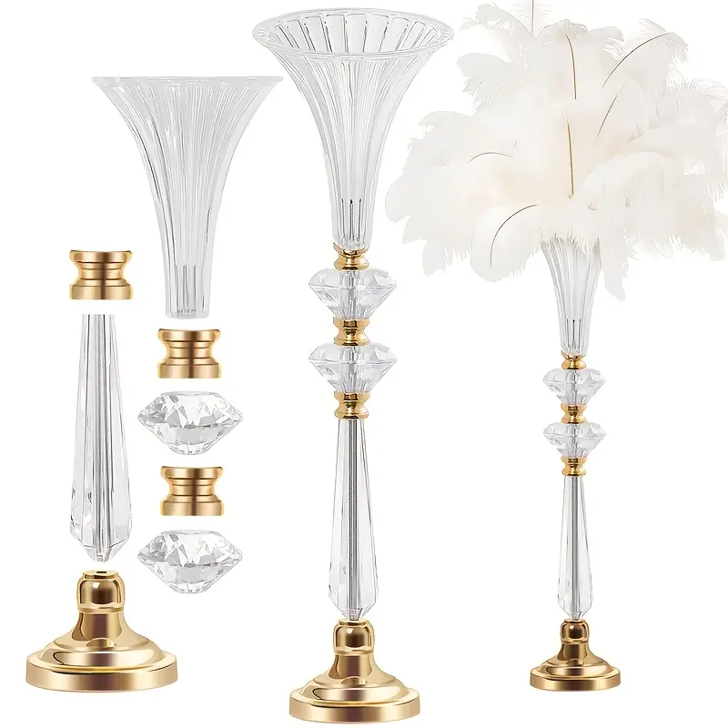 2 high crystal acrylic vases, 23.6 large clear decorative small vase, ribbed wedding stand, table/floor vase for bridal shower and dining room, home decor