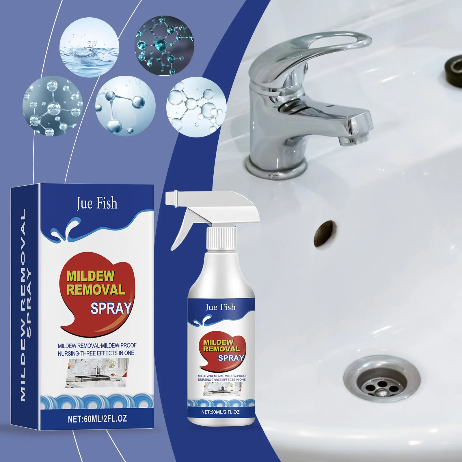 Jue-Fish Mold Remover Spray - Fast Acting Baking Deodorizer Cleaning Solution, Gentle Skin-Friendly Antioxidant Formula for Daily Home Kitchen & Bathtub Surfaces