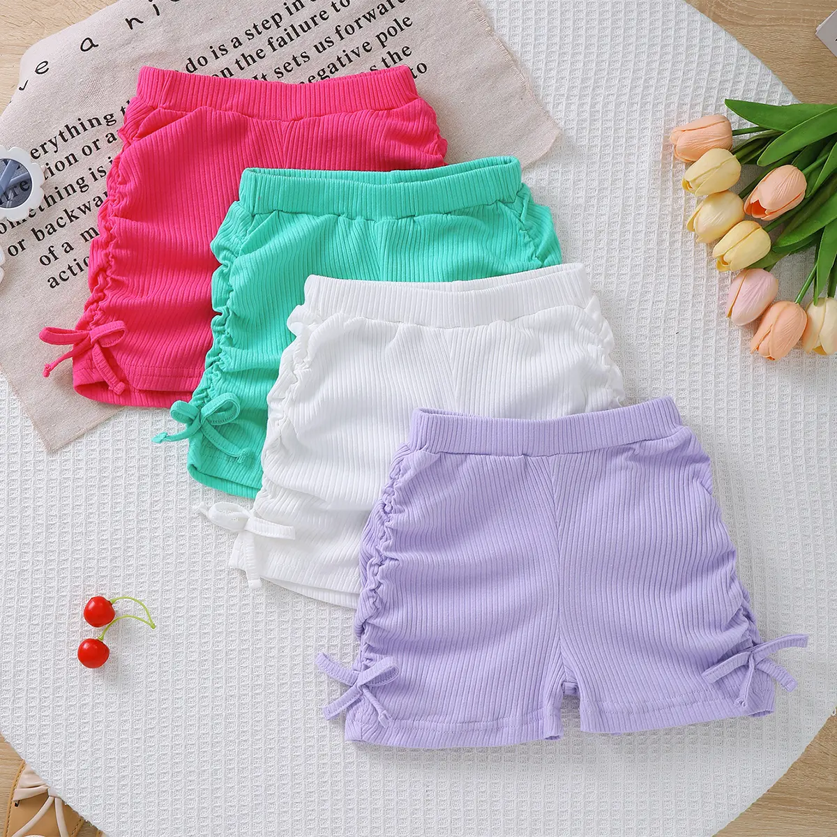 Baby Girls' Basic Ruffle Shorts 4-Pack - Cozy Baby Girls Clothing, Stretchy Elastic Soft Stretch Waist, Solid Color, Bow Accent, DIY Embroidery, Casual Toddler Play Bottoms (18M-6T), Cute
