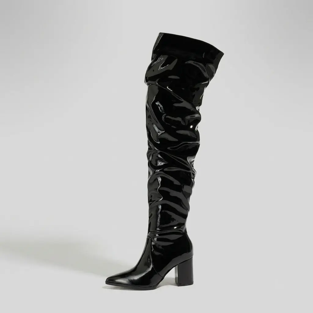 Women's Burgundy Patent Leather Over-the-Knee Slouchy Fashion Boot Footwear - Ruched Chunky Block Heel Shoes for Party, Night Out