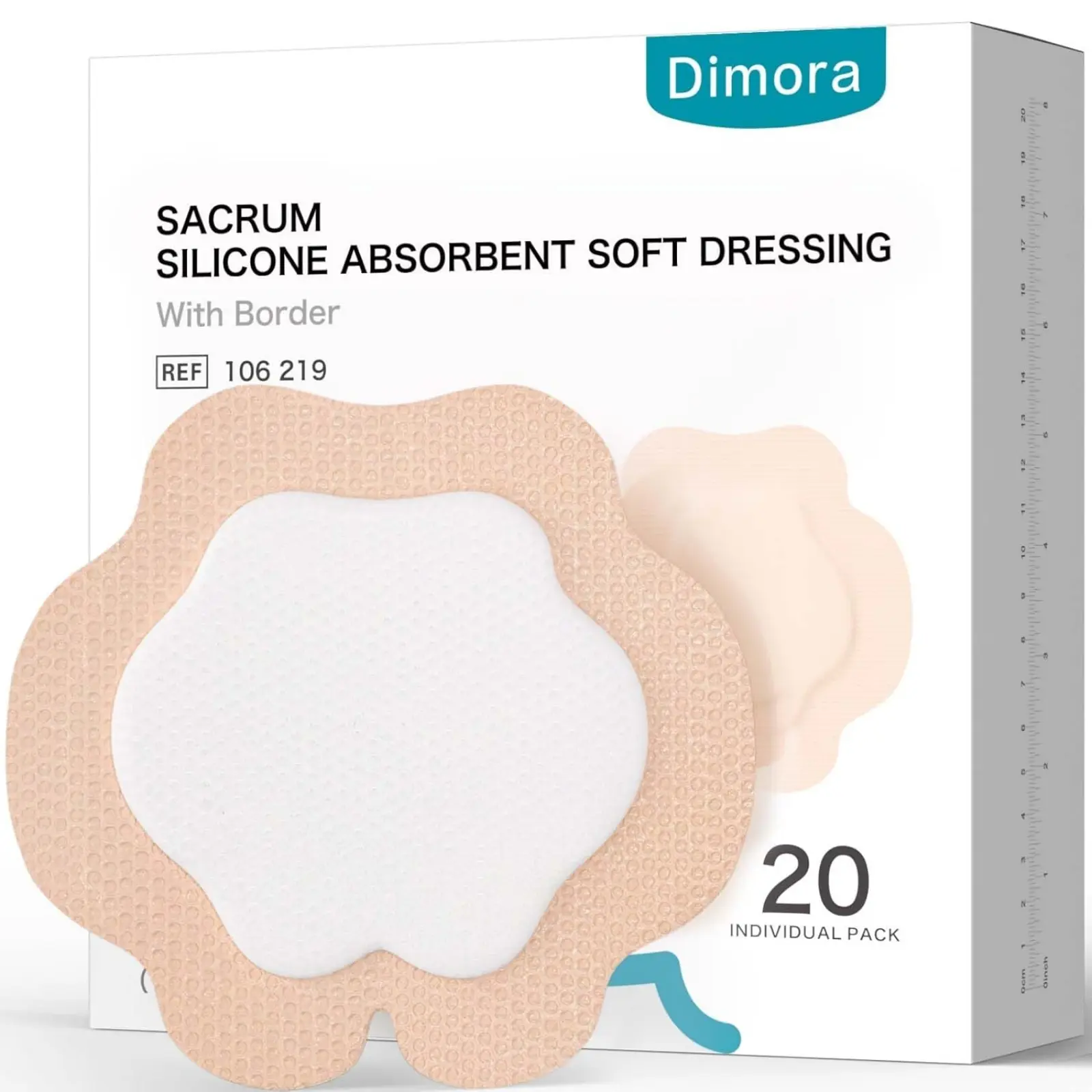 Dimora Medical Silicone Bordered Sacrum Wound Dressing - 7"x7" Polyurethane Foam Bandage, Prop 65 Safe, Exudate Absorbent, Gentle Adhesive for Bed Sores & Moderate-Heavy Exudate, Exudate Absorbant