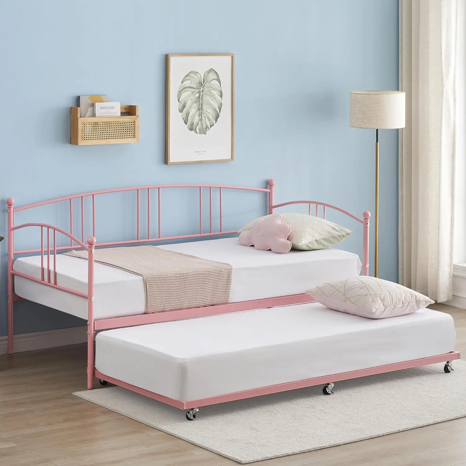 Twin Metal Daybed with Trundle - Sturdy Steel Slat Support Frame, Arched Headboard, Convertible Pull Out Divan Bed, Assembly Required for Living Room, Bedroom, Pink