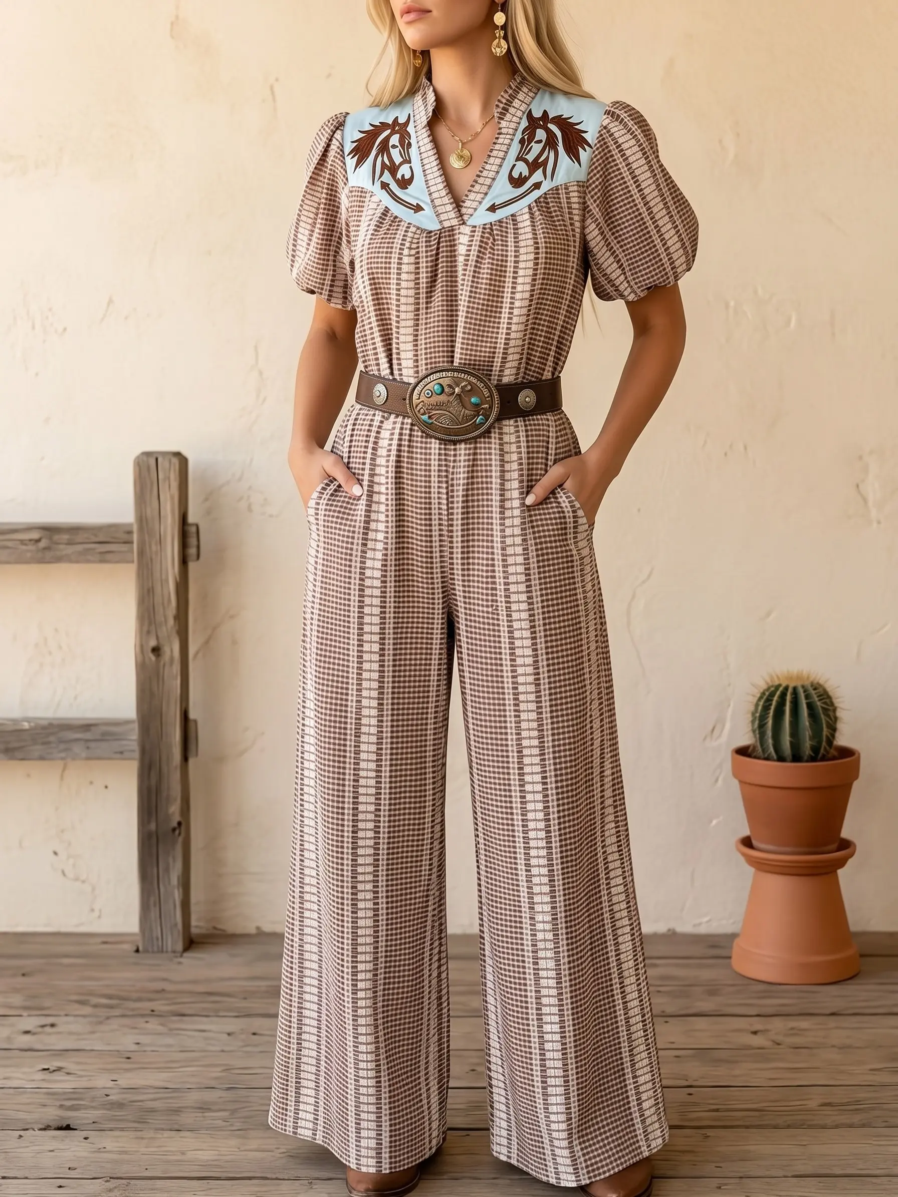 Women's Vintage Floral Wide Leg Jumpsuit - Chic Petal Design, V-Neck Kimono Sleeves, Elastic Waist, Pockets, Flattering Fit, Belt, Zipper, Bohemian Style | Western Womenswear OOTD Overalls