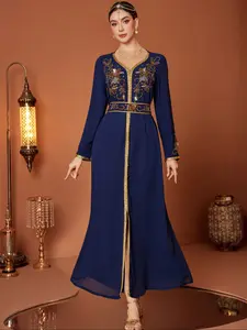 Elegant Blue Luxury Formal Embroidered Long Sleeve Fit Dress, Handmade Rhinestone Decor, Middle Eastern Style Women's Gown with Independent Waist Belt