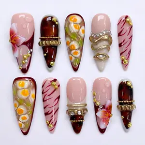 Mismatched 3D Quirky Press on Nails with Tortoiseshell & Egg Art | Fake Nails in Almond | Gyaru Maximalist Foodie Core Nails