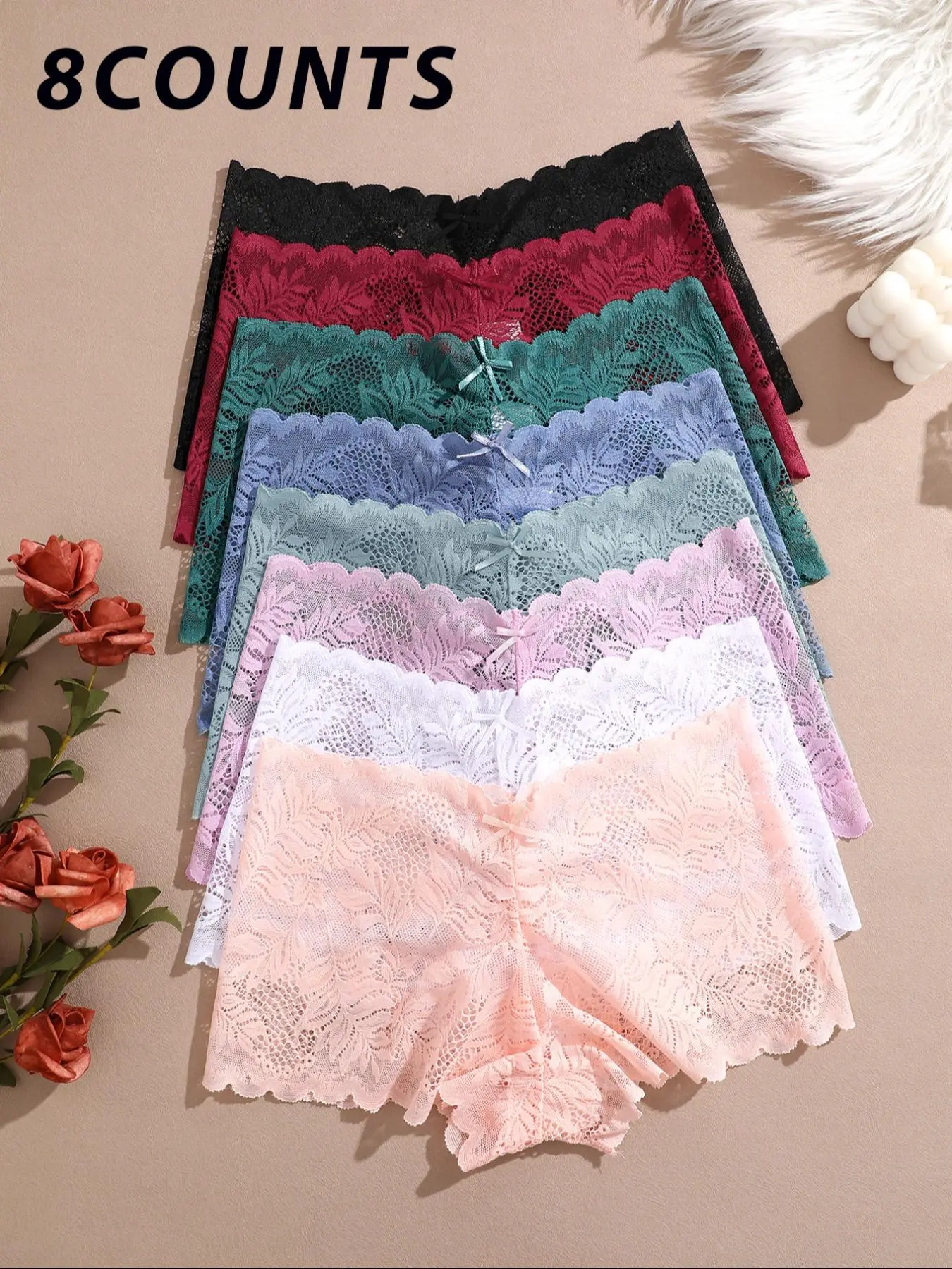 8 Pack Comfy Soft Lace Boyshorts Panties Set, Sexy, Trendy & Elegant Everyday Underwear