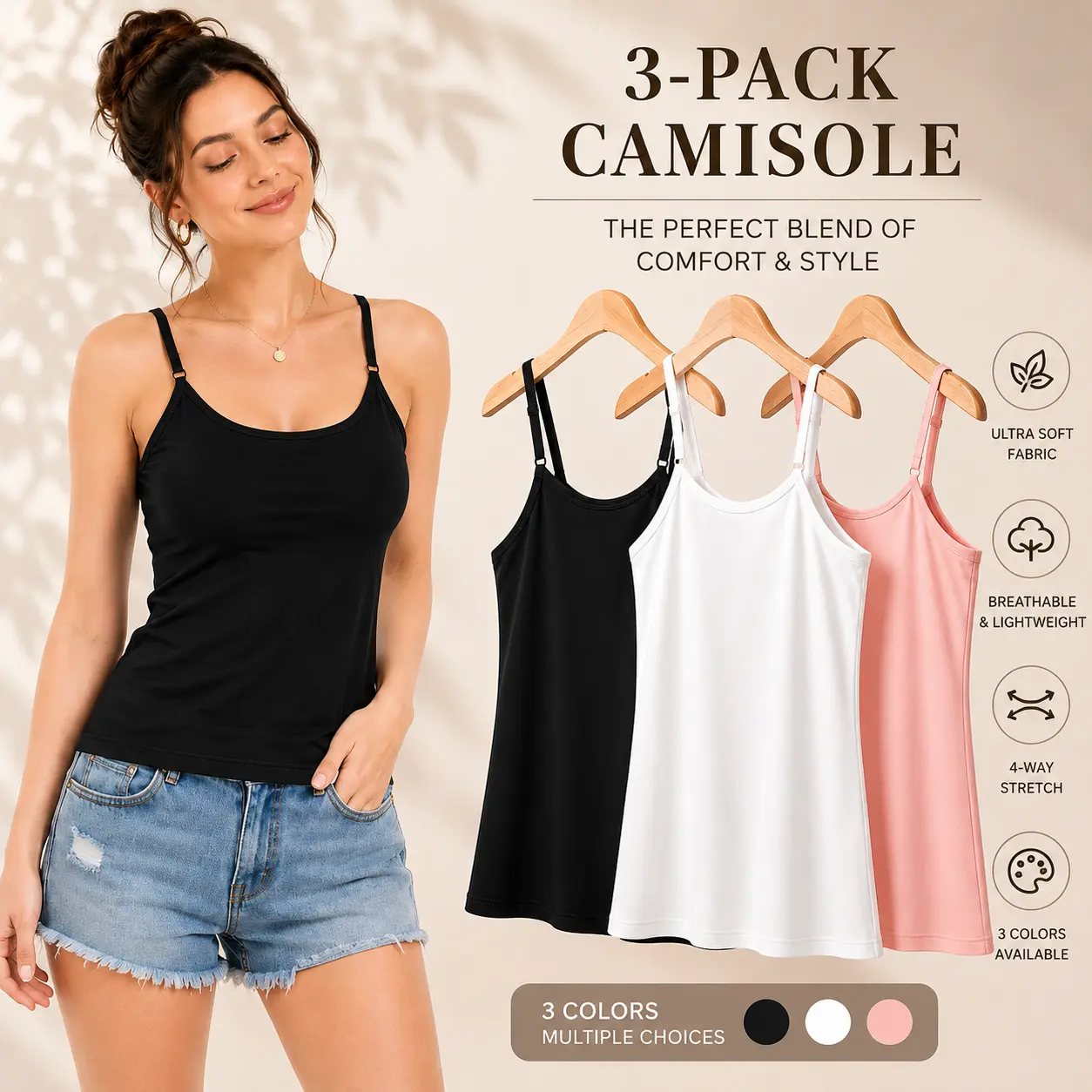 【3 Pack】Women Tank Tops Soft Breathable Camisole Adjustable Strap Sleeveless Stretch Lightweight Casual Cami Shirts Basic Layering Summer Tops for Daily Wear Vacation Workout Lounge Travel and Relaxed Outfit