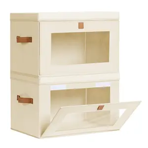 2 Pack Large Closet Storage Organizer, Clothes Storage Bins with Handles & Window, Collapsible Decorative Boxes with Lids, Fabric Containers for Living Room, Dorm, Beige
