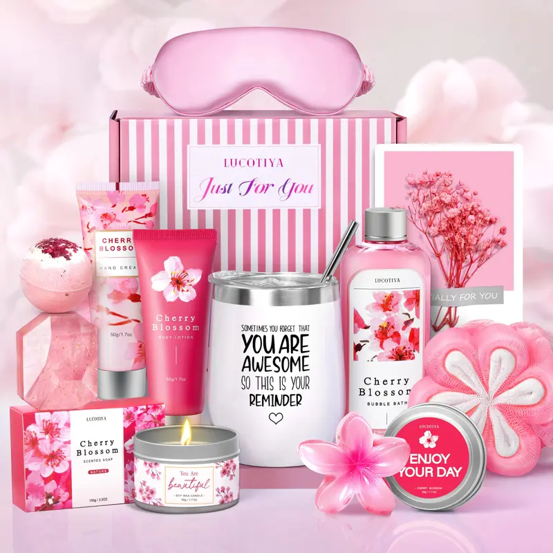 Women's 10-Pc Cherry Theme Self Care Spa Set - Festive Party Care Package with Beautiful Gift Box, Ideal Womens Gifts for Girlfriend, Christmas Basket for GF, Best Friend Holiday Present