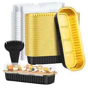 100PCS Mini Cake Pans With Lids, 6.8OZ Rectangle Disposable Foil Pans Ramekins Loaf Mini Cake Tins Mini Aluminum Pans With Lids for Wedding Birthday Holiday Party Business, Black Gold Pink