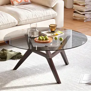 FREDEES Glass Top Coffee Table - for Living Room, Round Center Table with S-Shaped Solid Wood Table Legs, Modern Tea Table with Dark Tea Tinted Glass Top, 31.5''W × 31.5'' D ×16.53''H